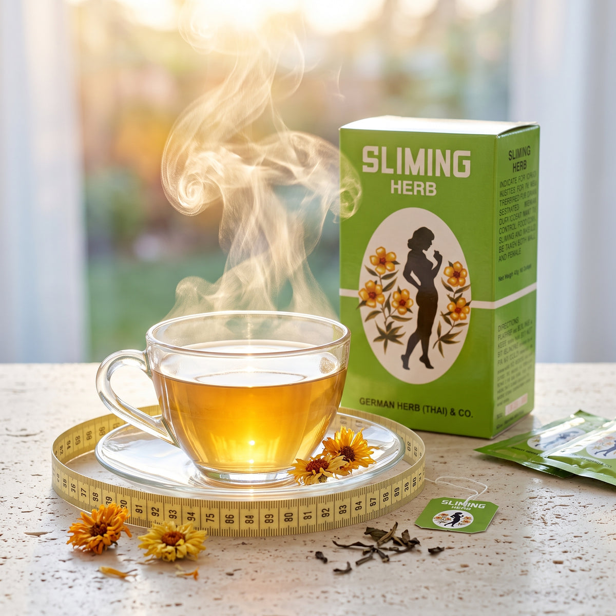 Sliming Herb Tea brewed in a glass cup, steam rising