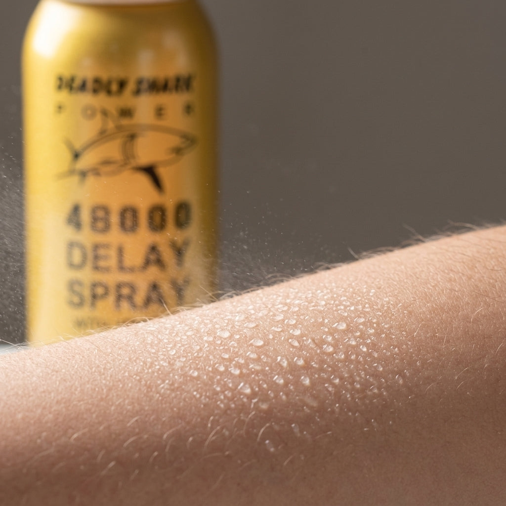 Applying Deadly Shark delay spray to skin