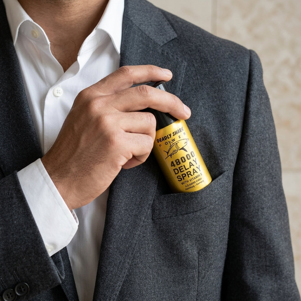 Deadly Shark delay spray in travel packaging, discreet size