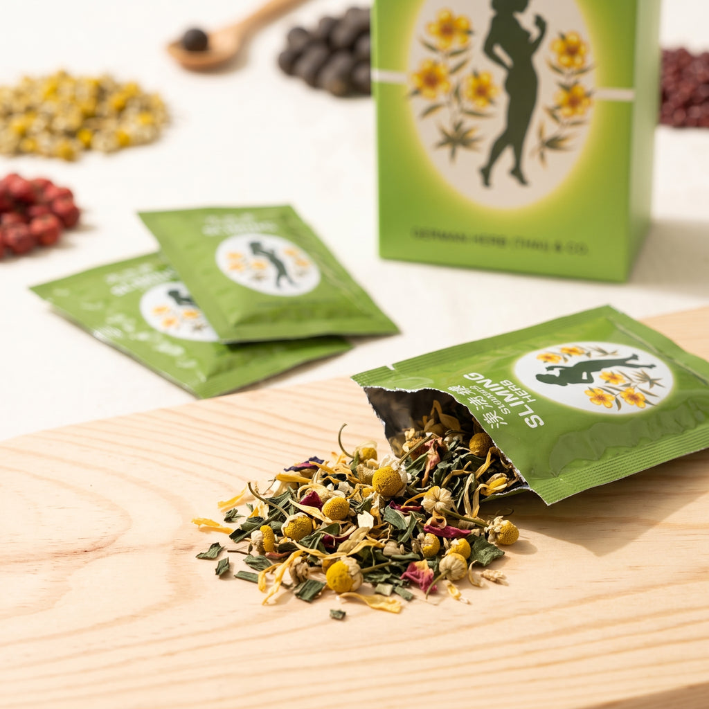 Sliming Herb Tea loose leaf sachet contents, macro shot