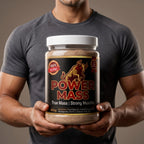 Power Mass 500g jar held in hand, size reference