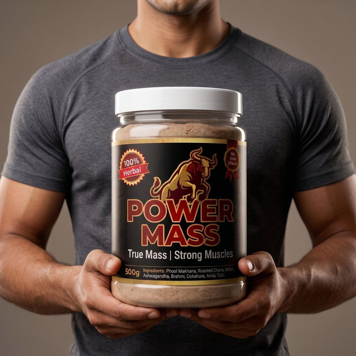 Power Mass 500g jar held in hand, size reference