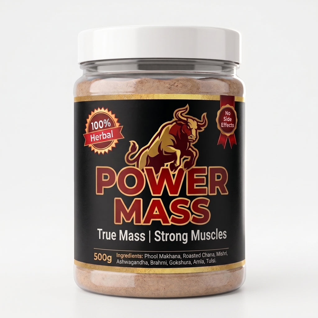 Power Mass herbal weight gain powder, 500g jar front label