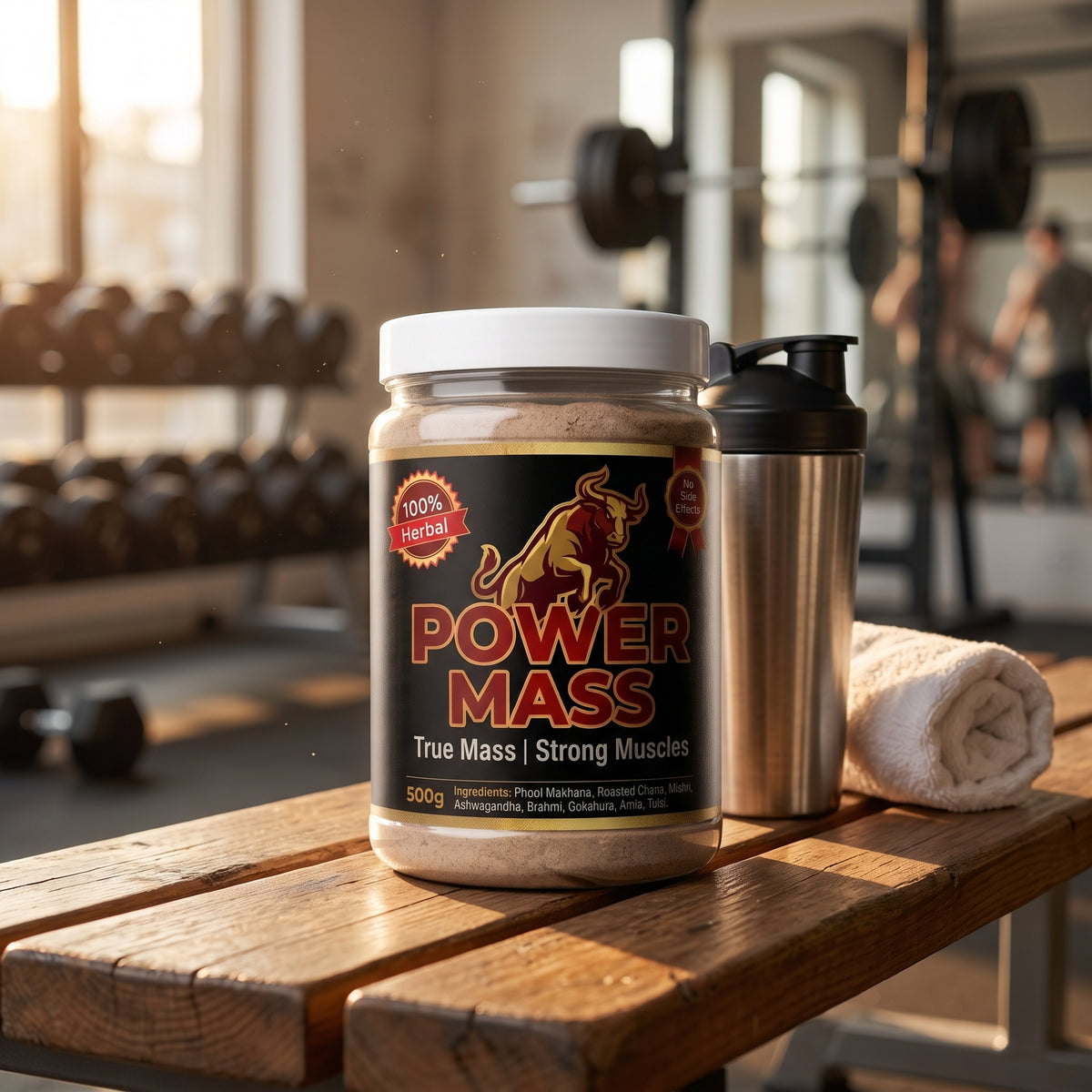 Power Mass mass gainer jar on a gym bench with dumbbells