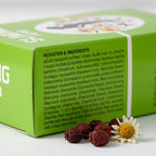 Sliming Herb Tea box, sachets and brewed cup - benefits shot