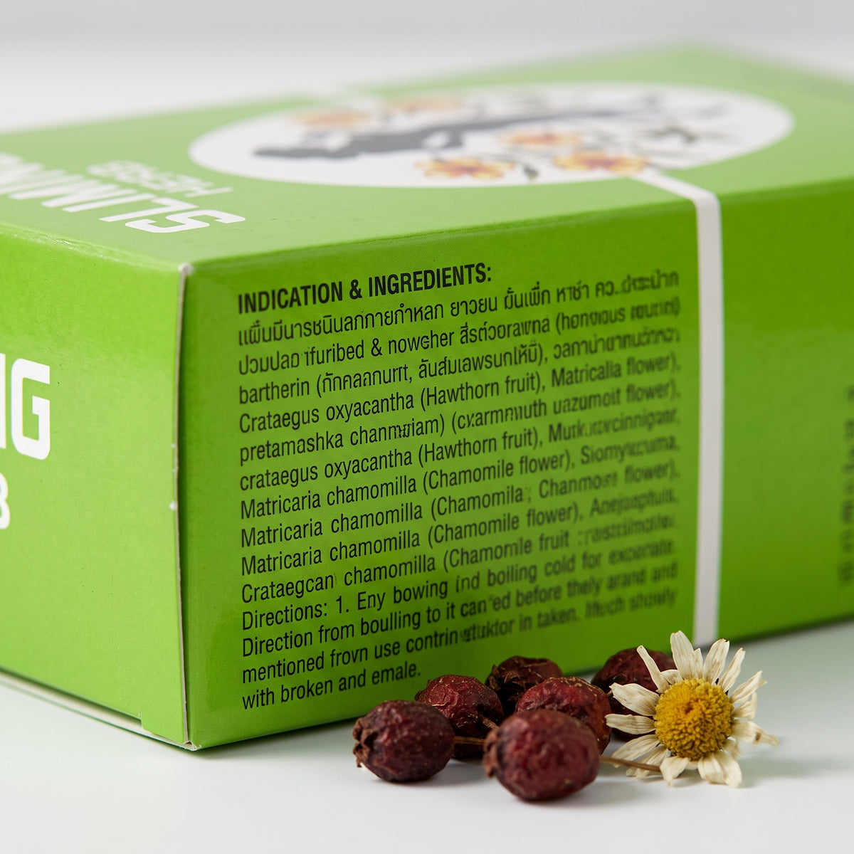 Sliming Herb Tea box, sachets and brewed cup - benefits shot