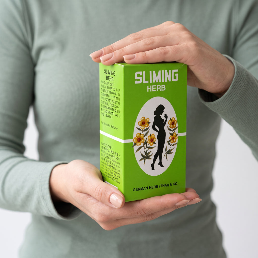 Sliming Herb Tea box held in hand, size reference
