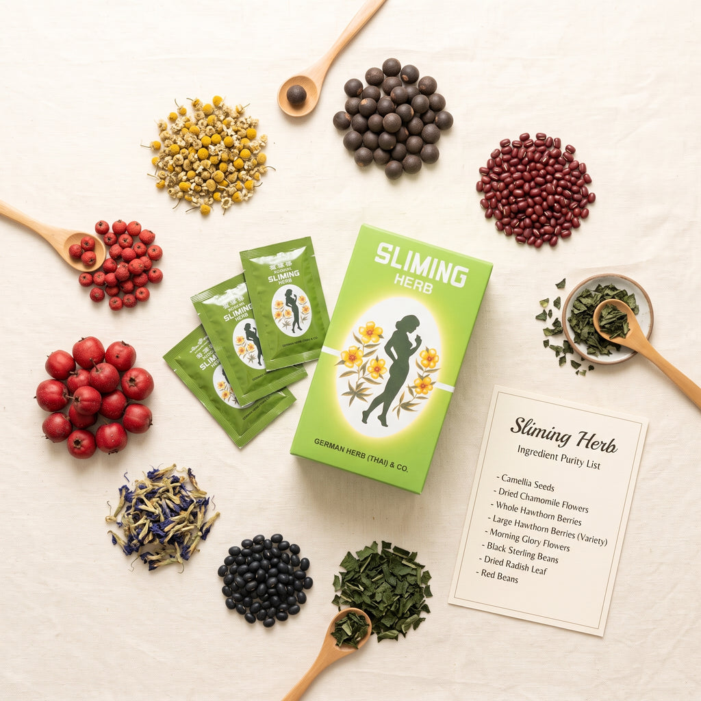 Sliming Herb Tea natural ingredients flat lay - camellia seed, hawthorn, chamomile, red bean