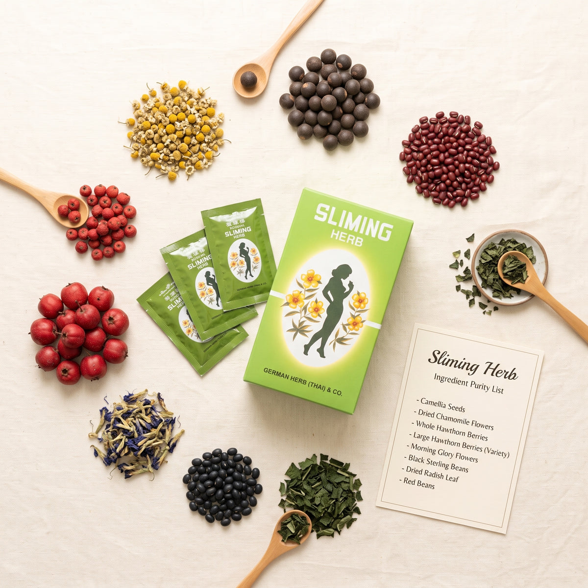 Sliming Herb Tea natural ingredients flat lay - camellia seed, hawthorn, chamomile, red bean