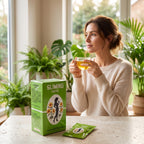 Woman drinking Sliming Herb Tea in a morning wellness routine