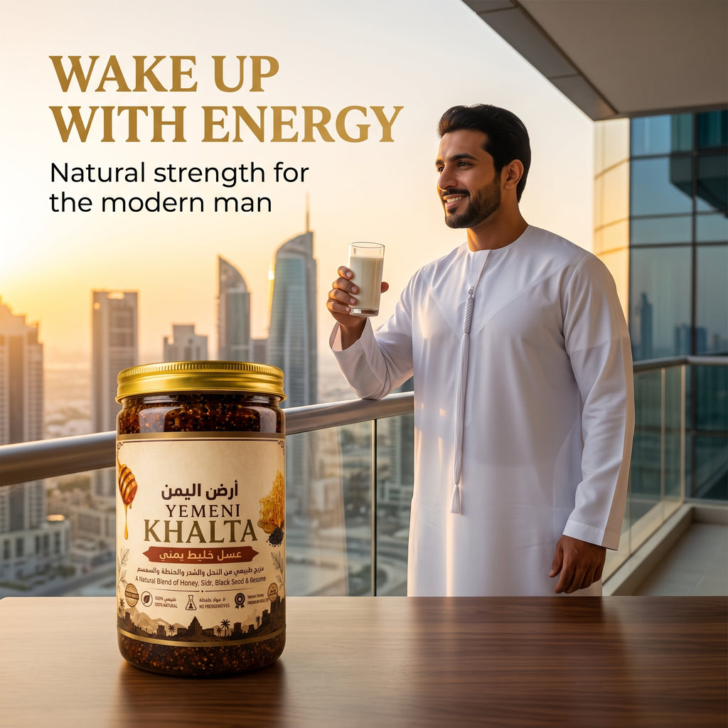 Gulf man drinking milk with Yemeni Khalta honey jar - natural morning energy