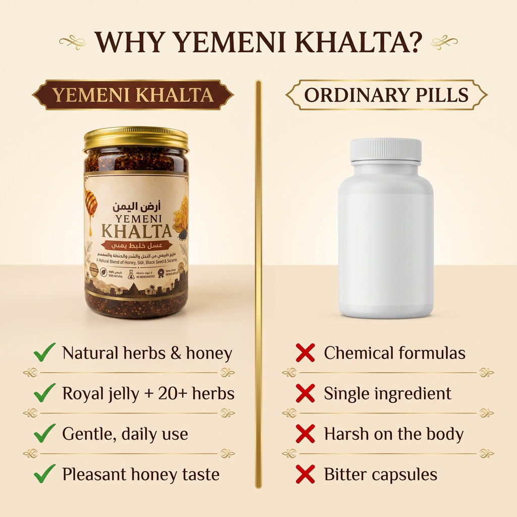 Yemeni Khalta natural honey and herbs vs ordinary chemical pills comparison